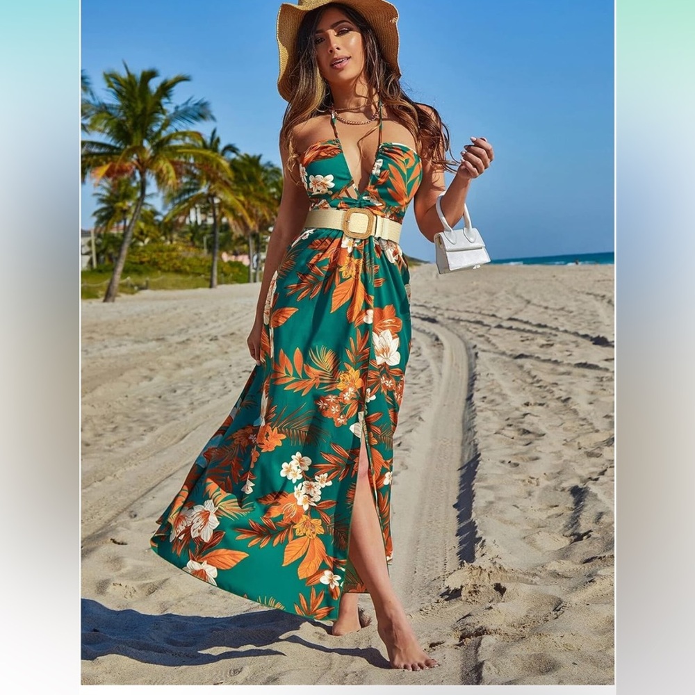 Shein‎ Maxi Dress Women's Medium A-Line Sleeveless V-Neck Green Floral, Hawaiian
